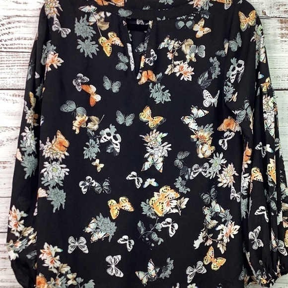 PHILOSOPHY SIZE S BLACK BUTTERFLIES FLORAL WORK TOP SPRING SUMMER BLOUSE GUC - Picture 10 of 13
